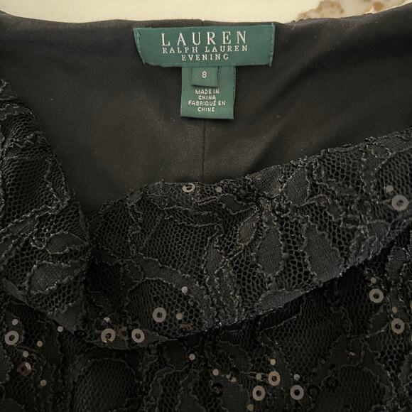 Lauren Ralph Lauren Evening Dress Gown Sequin Black SZ8 Slide Slit Drop Neck - Picture 7 of 10